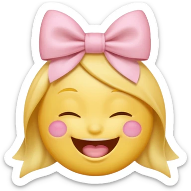 classic yellow laughing emoji with a very pretty pale pale pink bow no nose and closed eyes sticker
