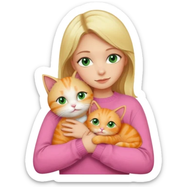 blonde girl with green eyes and in pink sweater hugging two orange cats  sticker