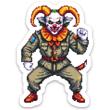 evil clown soldier with billy goat horns, fangs, pointed ears, leisure suit, fighting stance sticker