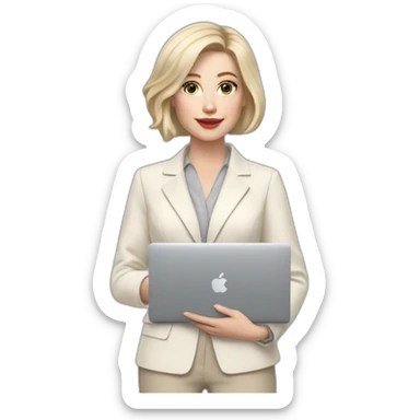 pale skin woman with ash blonde Straightened bob Hair, White Spacious classical jacket, beige palazzo Arrow pants and gray blouse holding a MacBook in the hands sticker