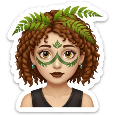 portrait woman short curly brown mullet hair brown eyes white skin with fern face paint and nose ring sticker