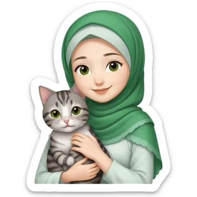 Asian White girl wearing green hijab and white dress holding a black grey tabby cat while smiling.  sticker