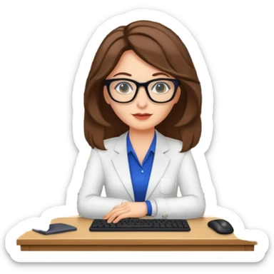 donna bella, occhi azzurri con occhiali, capelli medi, lisci e biondi, lavora al pc. sullo sfondo una libreria sticker