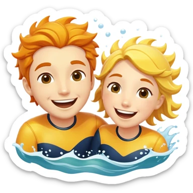 Two friends, as sea explorers, splash each other in the ocean, laughing as their eyes lock in pure joy and appreciation. The sun glistens on the water, highlighting their deep connection and the simple happiness of the moment.  sticker