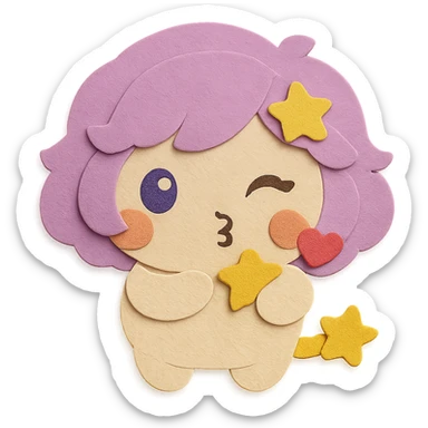 Change the facial expression to blowing a kiss with a winking eye. Keep all other facial features, colors, and hairstyle exactly the same, including the yellow star in the hair and no moon. Maintain the same hairstyle, color features, and full body. Use paper craft style with clean lines and transparent background. Only change the facial expression and action to blowing a kiss with a wink. sticker