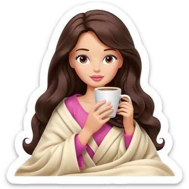 Barbie girl with a long wavy dark brown hair inside a cream blanket sipping coffee eyes closed sticker
