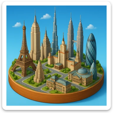 Оставь основу картинки - деревянную подставку, но при этом сгенерируй изометричная, яркая, детализированная и фотореалистичная иллюстрация где будет самые узнаваемые здания мира Эмпайр Стейт Билдинг, Эйфелева башня, здание МГУ, Бурдж-Халифа, Башни Петронас, Небоскрёб Фостера в Лондоне, Рейхстаг, Тайбэй sticker