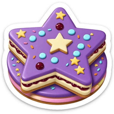 a pastel purple sandwich cookie with soft crumbly texture, a star-shaped jam cutout in the center showing glossy dark berry filling, and creamy filling with colorful sprinkles.  sticker