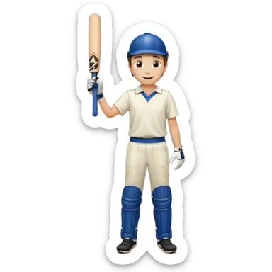 A boy standing in  cricket ground lifting his bat upwards and looking the sky after completing his century sticker