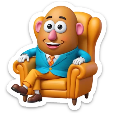 Create a 3D Pixar-style Mr. Potato Head character with a rounded, slightly uneven shape, expressive eyes, a wide smile, and cartoonish limbs, dressed in a colorful suit sitting in a chair sticker