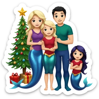 Generate Christmas-style emojis  family. Where light-skinned people stand near the tree all together, hugging and smiling.  girl should be Light-haired woman, mermaid woman, black-haired woman, and 1 man . Add 4 people: Mother, Sister, Sister, Brother  sticker