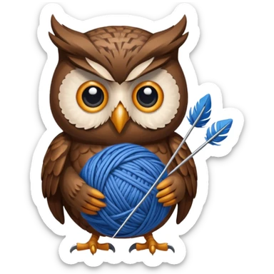 Owl holding blue yarn ball and knitting needles sticker