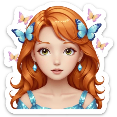 gorgeous shiny blushing pastel core glittery sparkly anime lady with butterflies and beautiful ginger hair fairycore high quality detailed vogue trending aesthetic sticker
