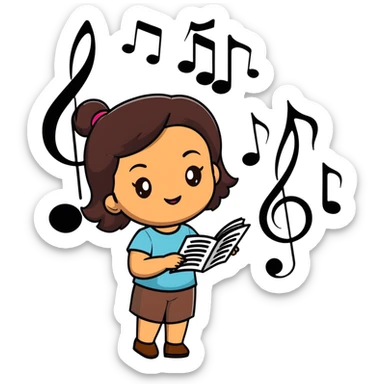 serene morena woman with oval face, warm brown skin, straight dark brown hair, thick eyebrows, almond-shaped dark brown eyes, full lips, gentle smile, surrounded by floating musical notes, treble clefs, sound waves, dreamy colorful style, sticker-like white outline sticker