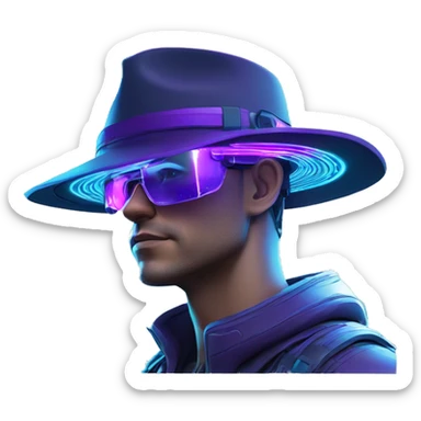 Secret human agent in a hat with  cyberpunk elements in Apple VR googles headset scanning looking reviewing multicolor lines of code, cyan and purple colors, only upper body portrait sticker