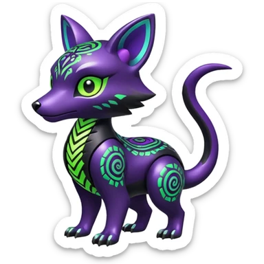 Futuristic modern badass cool shiny metallic alloy black-obsidian purple neon-green white lime animal hybrid Fakemon full body with intricate patterns sticker