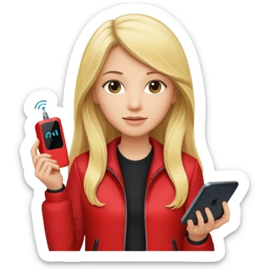 mujer  joven rubia con pelo largo y saco rojo con modem de internet sticker