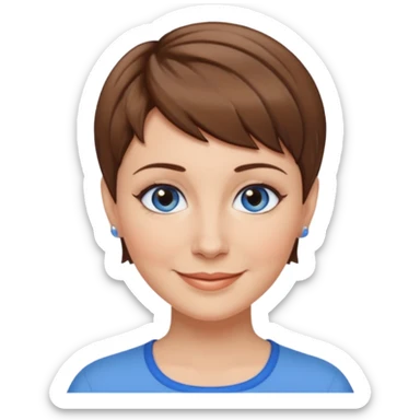 Frau helle Haut, braun mit dunkelblonden spitzen, kurzhaarfrisur Pixie schnitt, blaue Augen, mittleres alter sticker