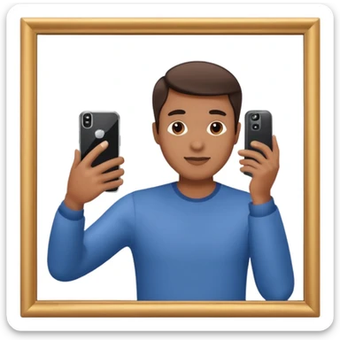 a man holding a phone, taking a selfie in front of a mirror sticker
