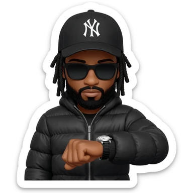 African American man with shoulder length black dreadlocks with black beard wearing black sunglasses wearing a black New York Yankees logo baseball cap wearing a black bubble winter coat wearing a wrist watch looking at the time on his wrist watch sticker