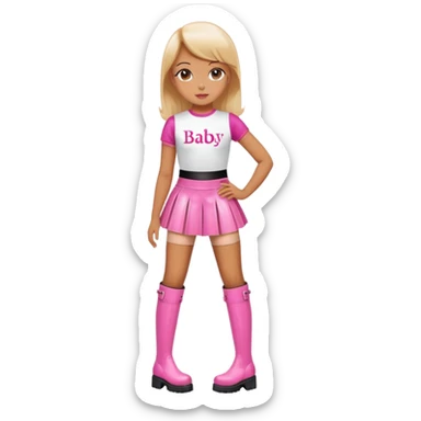 Mini latex skirt and boots and short top with pink inscription “Baby girl” sticker