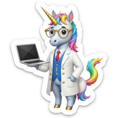 Unicorns holding laptop book
A full body of scholar unicorn wearing round glasses, holding a laptop. sticker