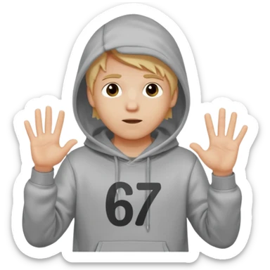 a white kid blone hair with a grey hoodie and his above his hands saying 67 one 6 on 1 hand 7 on the other sticker