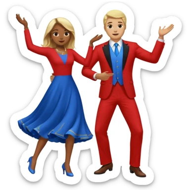 Two people dancing. A man wearing red with light skin and blonde hair. A women wearing bue with dark skin and brown hair. sticker