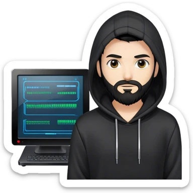 hackeur blanc cheveux noir barbe et capuche noir à côté d'un server ia sticker