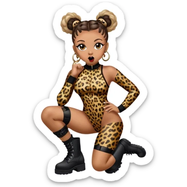 Melanie Brown with her hair in space buns and wearing a tight leopard print bodysuit and black combat boots, showing her tongue ring sticker