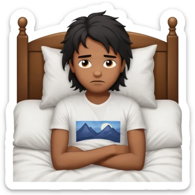 generate a pretty bratz brown skinned boy with black messy long hair wearing a white tshirt sitting in his in bed. Looking sleepy sticker