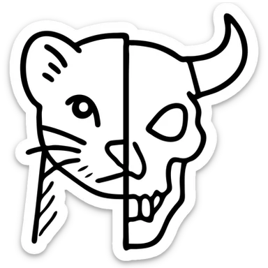 a red minimalist icon with sophisticated line art showing left half of stoat face with detailed fur merged with right half of minotaur skull with broken horn and glowing eye, no letter included, just the two halves meeting in the middle with precise detailed lines sticker