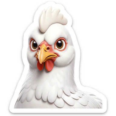 Cinematic Noble White Chicken Portrait Emoji, Poised and regal, with a compact, sturdy build and a pristine, well-groomed pure white plumage, deep-set soulful beady eyes, Simplified yet sharp and sophisticated features, highly detailed, glowing with a soft, dignified glow, high shine, intelligent and alert, stylized with an air of barnyard elegance, focused and attentive, soft glowing outline, capturing the essence of a watchful and confident fowl, so majestic it feels as though it could strut out of the screen with effortless authority! sticker