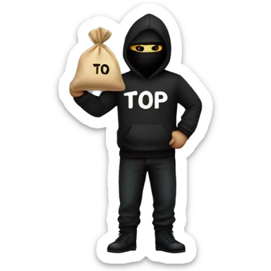 Thief wearing all black clothes stealing a money bag with the words Top Tier stitched in it sticker