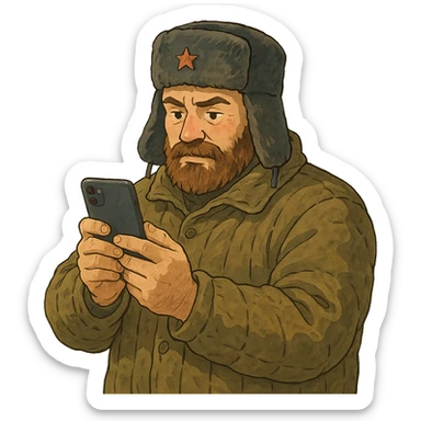 ghibli style illustration of a Russian military blogger in ushanka and vatnik, holding a phone sticker