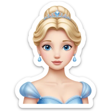 Cinematic Realistic Cinderella Portrait, depicted with lifelike skin texture, subtle rosy undertones, and soft natural lighting that enhances the gentle contours of her face. Her intricately detailed golden blonde hair is elegantly styled in an updo, with delicate wisps framing her face. Her deep, expressive blue eyes radiate warmth and sincerity, reflecting a quiet resilience and grace. She holds a glass slipper gently in one hand, her other hand resting gracefully at her side, emphasizing the timeless beauty of the moment. She is dressed in her iconic ball gown, the fabric shimmering with intricate embroidery and fine translucent layers that catch the light beautifully. The soft sheen of satin gloves adds a magical touch to her graceful pose. The portrait features an enchanting glow with a natural, luminous finish, seamlessly blending realism and fairytale charm to evoke a sense of depth, elegance, and timeless beauty. sticker