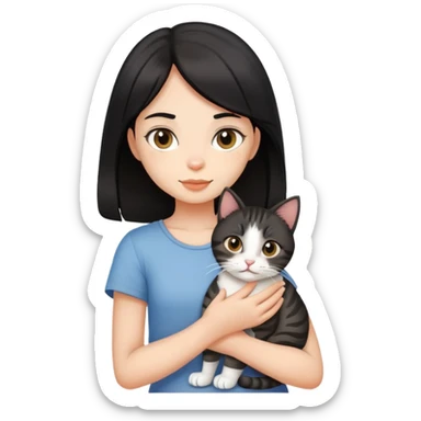Medium-length black-haired girl holding a tabby cat sticker