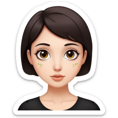 Mujer de 40 años pelo corto castaño oscuro ojos grandes nariz redonda y unas mariposas al rededor sticker