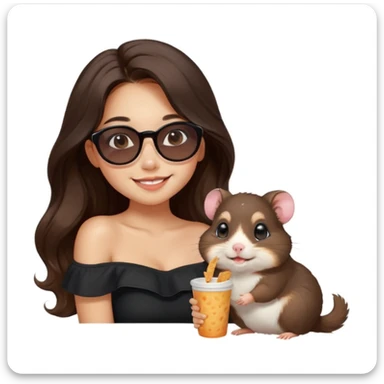 modern emoji-style illustration of a young woman with medium skin, long wavy dark brown hair, black off-shoulder top, soft smile, warm expressive eyes, pet hamster on her shoulder wearing round sunglasses eating a snack, cheerful charming fun scene, soft pastel gradient background sticker