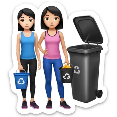 generate a genmoji of a black haired girl in a pink tank top and black leggings holding a black trash bag. Standing with her is a brunette girl in a similar blue tank top and black leggings.
Standing in front of a dustbin sticker