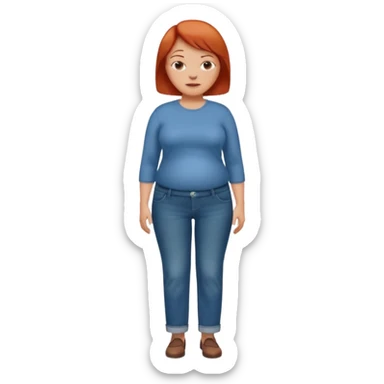 Lazy old Short woman with straight short red hair and fat tummy..wears business casual loose jeans and full sleeve  tshirt. Not smart looking ill fitting clothes sticker