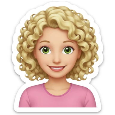 a woman in her late 40s and has greyish greenish eyes and blonde curly hair wearing a pink top sticker