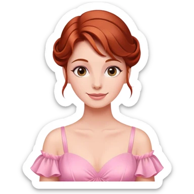 Cinematic Radiant Sleeping Beauty Portrait Emoji, rendered in a realistic, vector style with clean proportions. Show Aurora with a gentle smile, porcelain skin, and beautifully styled auburn hair, wearing her classic pink gown. The image glows with a soft, inviting radiance and high shine, accentuated by a soft glowing outline that enhances her graceful charm. sticker