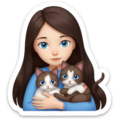 a girl with long dark 
brown hair, with blue eyes, hugs 3 different natural coloured small cats sticker