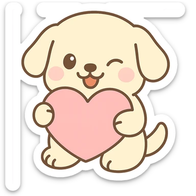 A cute white cream retriever hugging a pretty pink heart pillow winking and playfully smiling, no background, cute style. sticker