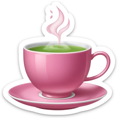 dark pink teacup filled with green tea, placed on a matching pink saucer, with gentle steam rising from the cup.  sticker