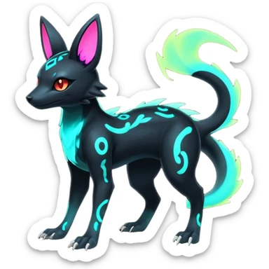 Rare realistic dark-neon glowing bioluminescent edgy badass epic pretty beautiful handsome gorgeous aesthetic colorful vibrant Vernid-Trico-Umbreon-Salandit-hybrid-species-Fakemon-creature by LiLaiRa, 4 legs, 1 tail, random markings, (full body) sticker