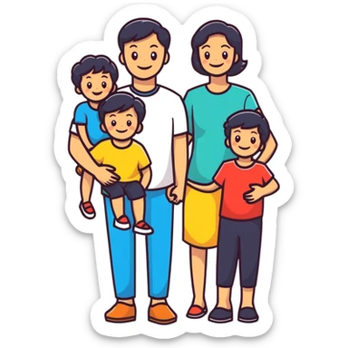 happy family: father, mother, two children, all smiling, bright colors sticker