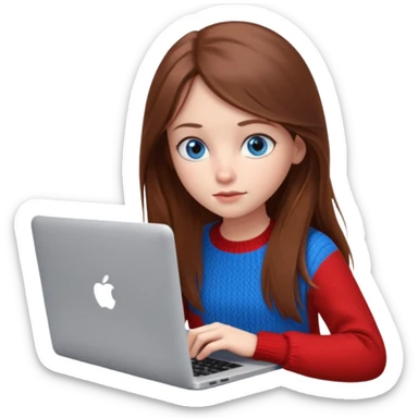 Emoji of a cute 3D girl with long brown hair and blue eyes, wearing a red sweater, focused working on a MacBook laptop, white background sticker