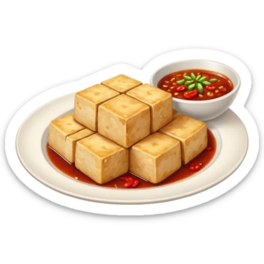 fried tofu with chili on the side of the plate sticker